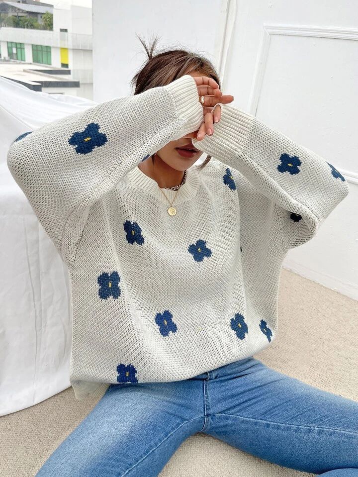 SHEIN Qutie Floral Pattern Drop Shoulder Sweater | SHEIN