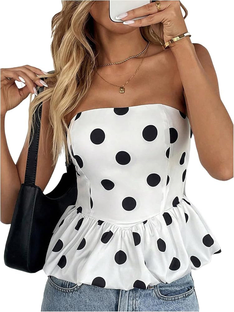 Milumia Women's Polka Dots Peplum Tube Top Strapless Puffy Bubble Flared Hem Tops | Amazon (US)