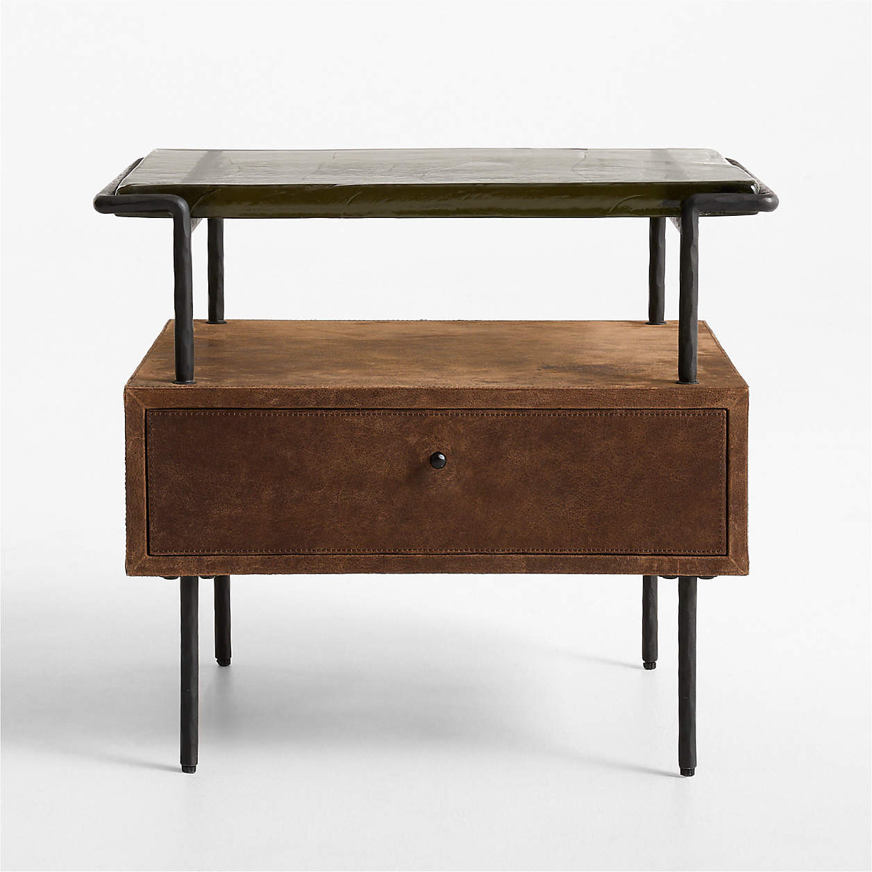 Rene 21.75" Glass Top Leather Wrapped Nightstand by Jeremiah Brent | Crate & Barrel | Crate & Barrel