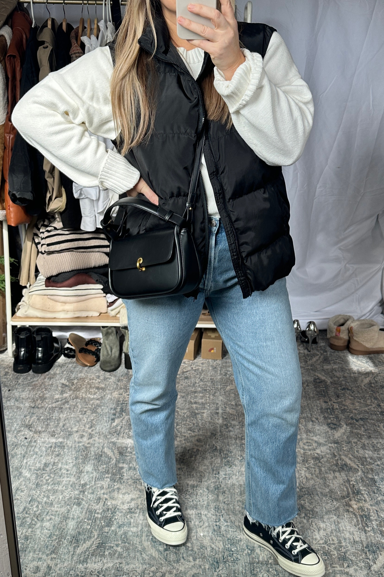 Sweater tts ( true to size) - 100% cotton
Vest- sized up ( large) 
Jeans tts
Shoes - tts or size down half size if inbetween 

#LTKfindsunder100 #LTKtravel #LTKMostLoved