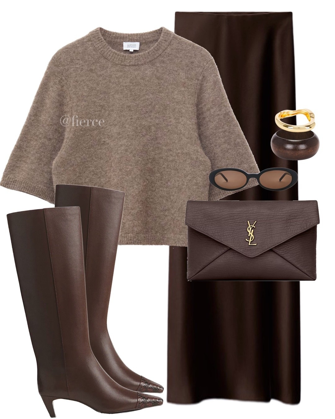 Chocolate brown satin skirt shirt sleeve jumper Ysl clutch bag knee high boots

#LTKuk #LTKautumn #LTKeurope