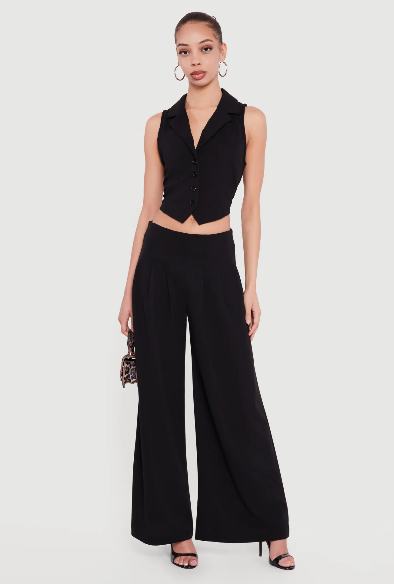 Solid Crepe Knit Pleated Wide Leg Palazzo Pants | Rainbow Shops