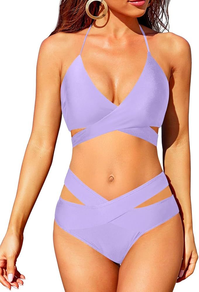 Holipick Two Piece Bikini Sets for Women High Waisted Bikini Push Up Swimsuit Halter Wrap Criss C... | Amazon (US)