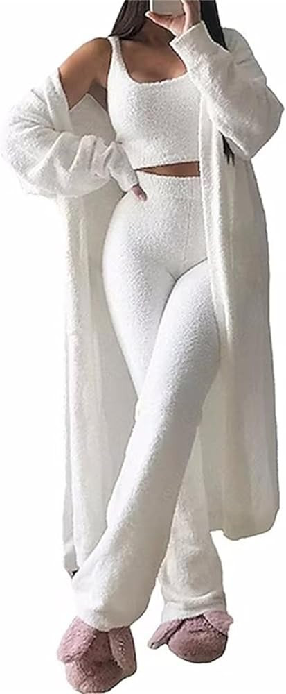 Women's Winter Fuzzy 3 Piece Sweatsuit Open Front Cardigan Crop Tank Tops Wide Legs Pants Casual ... | Amazon (US)