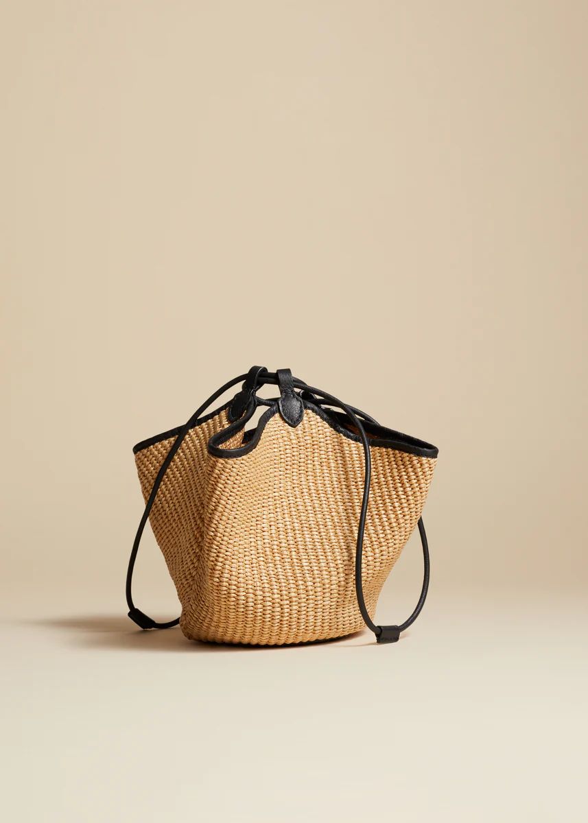 The Mini Lotus Drawstring Bag in Natural Raffia and Black Leather | Khaite