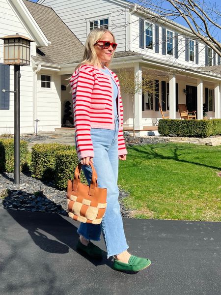 Spring everyday casual outfit - rothy green drivers, madewell cropped denim pant, target layering tank in light blue, English factory stripe cardigan, tuckernuck leather and raffia bag, red sunglasses 
More everyday outfits on CLAIRELATELY.com 👉🏼

#LTKover40 #LTKshoecrush #LTKitbag