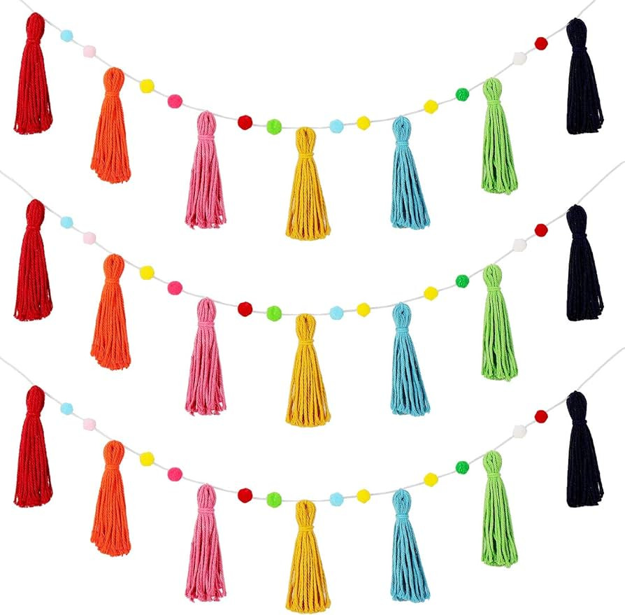 Syhood 3 Pcs Colorful Boho Tassel Garland Rainbow Pom Pom Each 50'' Colorful Tassel Garland Class... | Amazon (US)