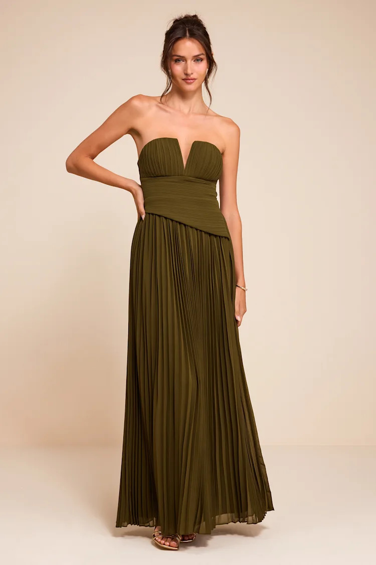 Zea Olive Green Pleated Drop Waist Maxi Dress | Lulus