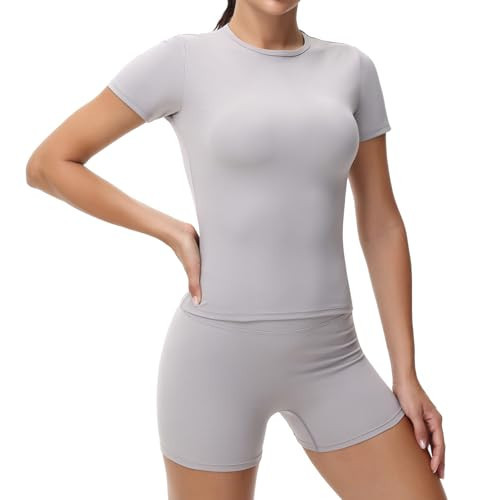 Gym Yoga 2 Piece Sets Outfits for Women Basic Short Sleeve Tube Tank Tops Athletic Shorts Workout Matching Lounge Active Wear Sweatsuits Tracksuit Athleisure Cute Comfy Trendy Clothes Summer Grey Xs | Amazon (US)