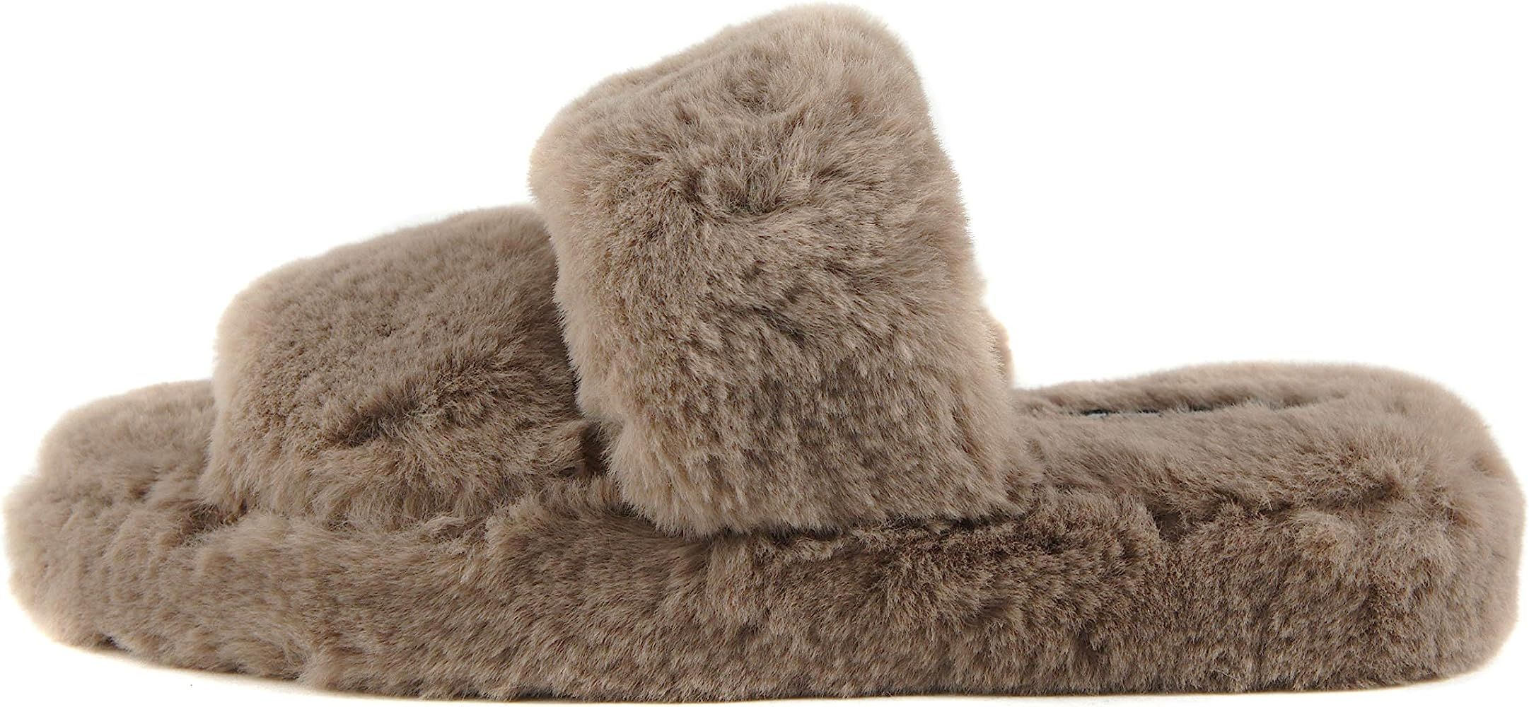 Amazon.com | Soda Corset ~ Women Super Soft Faux Fur Fuzzy Fluffy 2 Band Strap Open Toe Slide Sli... | Amazon (US)