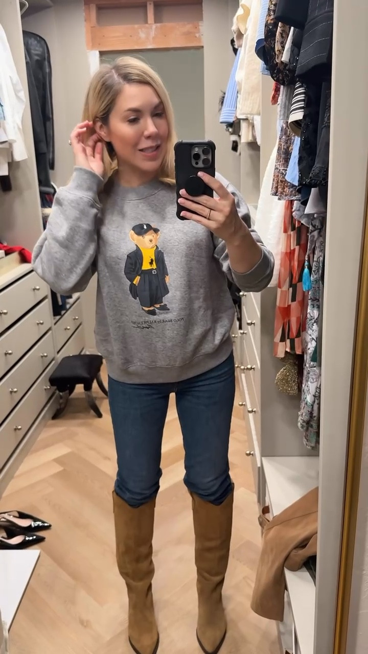 Polo bear sweatshirt
Green dress
Western boots
Cowboy boots 
Faux suede jacket 

#LTKStyleTip #LTKShoeCrush #LTKSeasonal