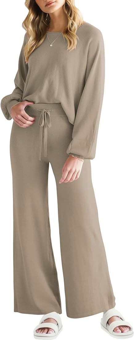 Women’s Two Piece Outfits Sweatsuit Long Lantern Sleeve Crewneck Crop Top with Wide Leg Pants Sweate | Amazon (US)