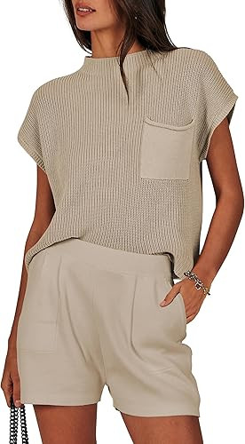 ANRABESS Women's Two Piece Summer Outfits Knit Sweater Short Sets Pullover Tops & Shorts Lounge M... | Amazon (US)