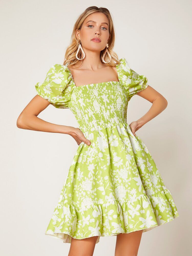 SHEIN Allover Floral Print Shirred Bodice Ruffle Hem Dress | SHEIN