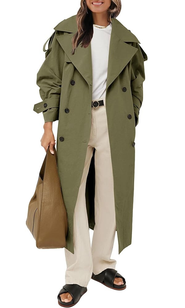Farktop Womens Oversized Long Trench Coat Double Breasted Lapel Windproof Overcoat with Belt | Amazon (US)