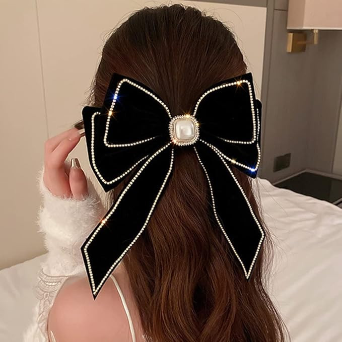 Jumwrit Big Hair Bow Rhinestone Pearl Hair Barrette Clip Vintage Velvet Hair Bowknot with Long Ta... | Amazon (US)