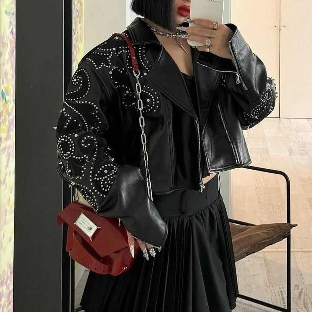 sandro paris black leather studded jacket | size 36... | Depop | Depop US