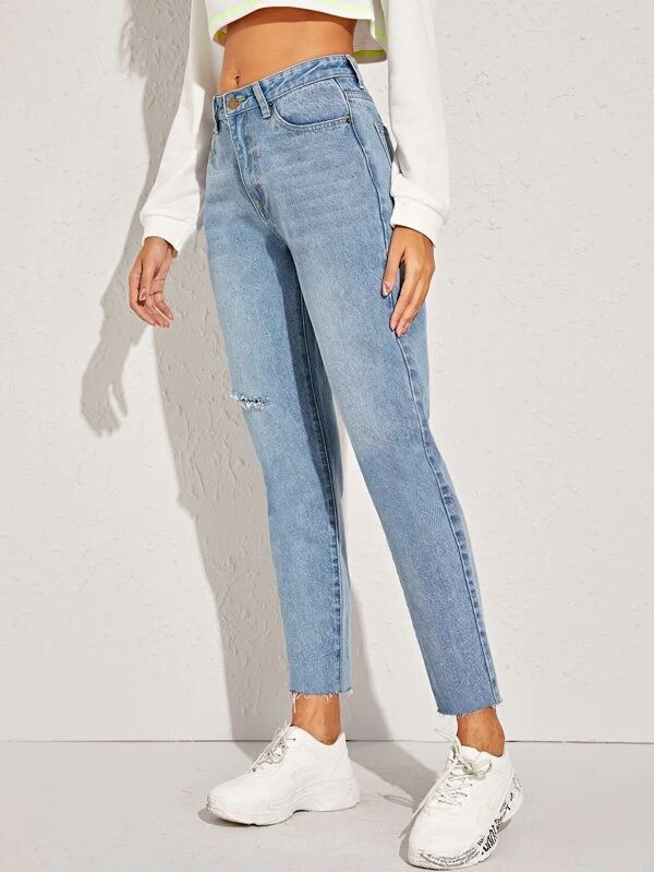 Ripped Raw Hem Mom Jeans | SHEIN