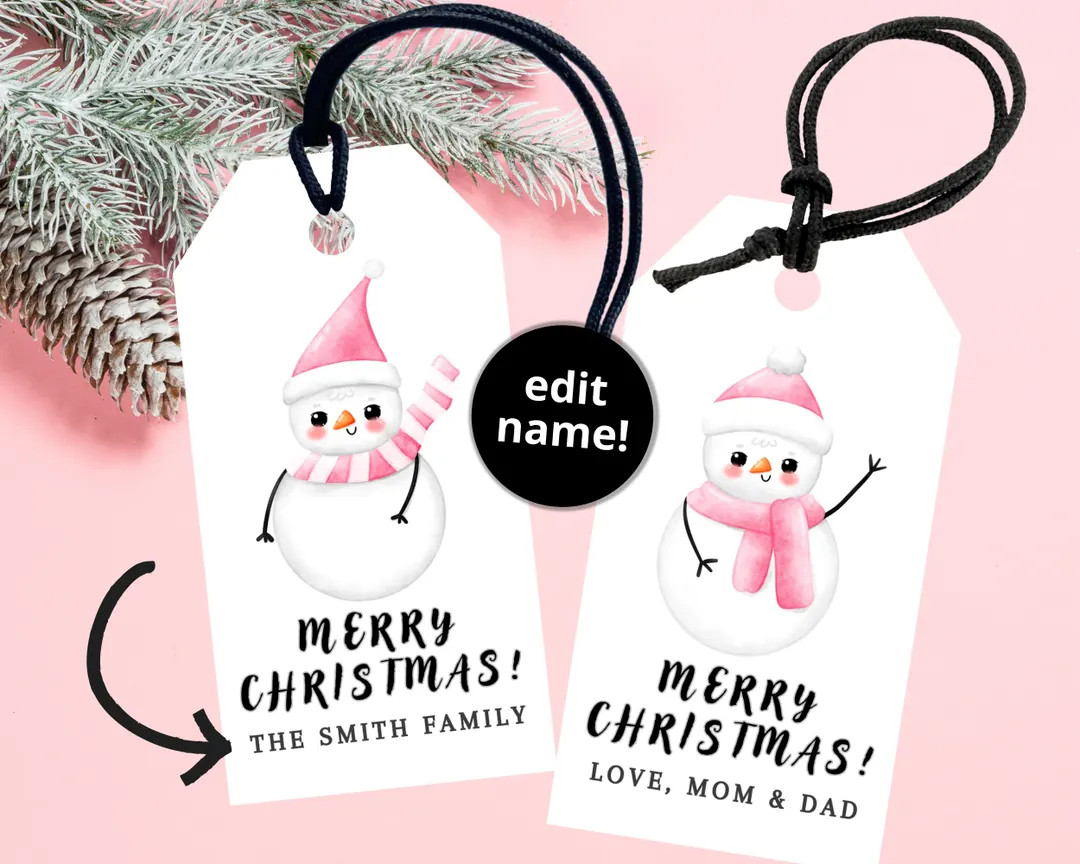 Pink Christmas Tags Personalized, Snowman Gift Tags, Printable Christmas Gift Tag, Gift Tags for ... | Etsy (US)