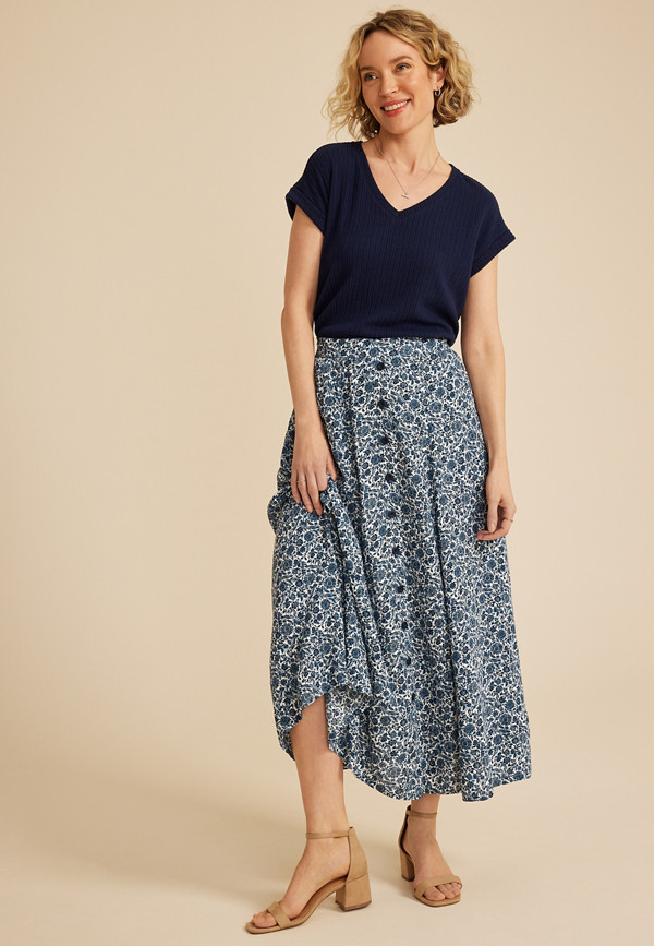 Floral Button Front Maxi Skirt | Maurices