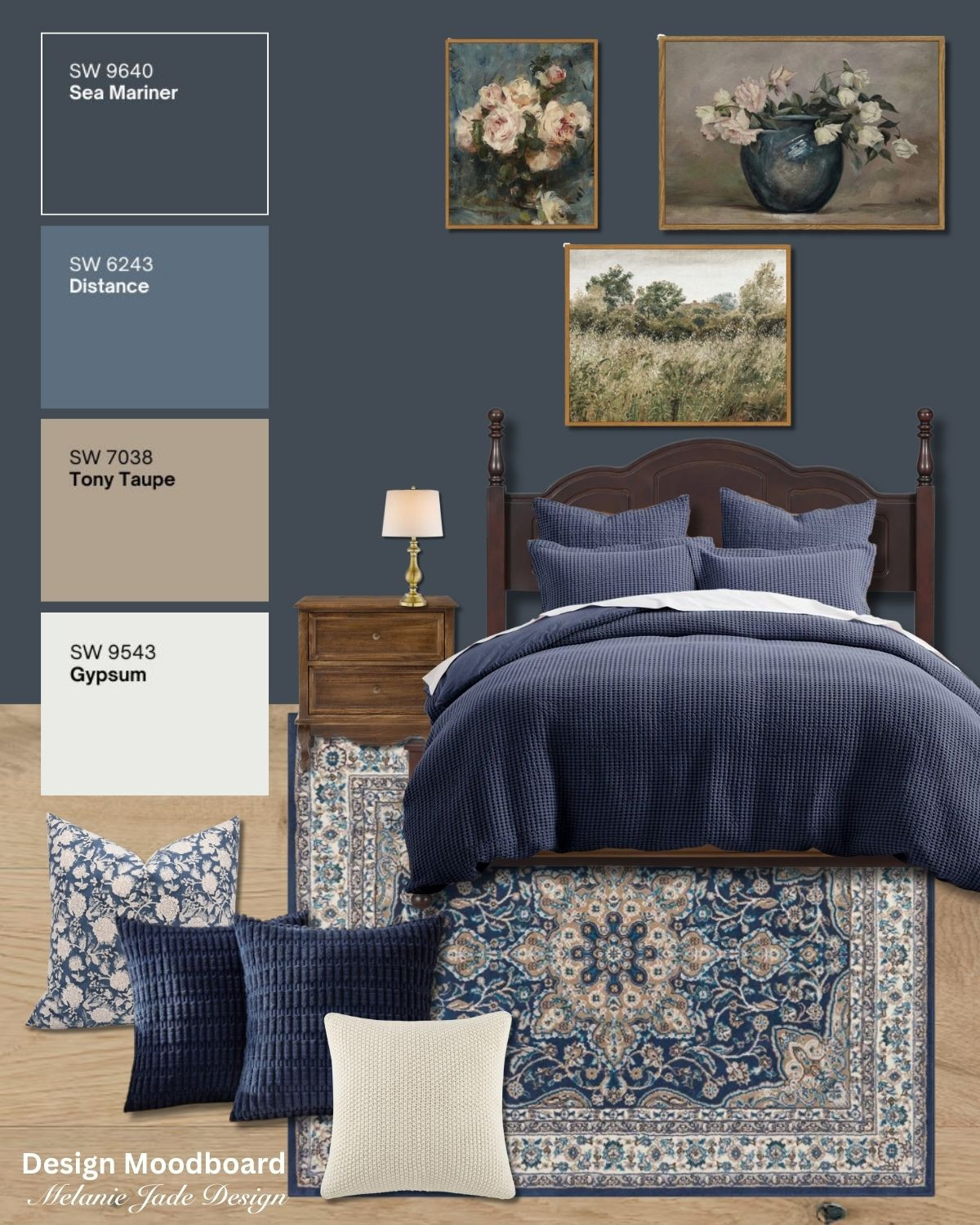 A dark blue bedroom with Sherwin-Williams Sea Mariner on the walls. To lighten the dark walls, add oak flooring, floral artwork and a Persian rug 

 #LTKspring #LTKhome #LTKstyletip