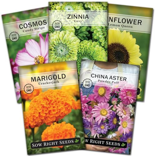Sow Right Seeds - Annual Flower Seed Garden Collection for Planting - 5 Packets Includes Marigold, Zinnia, China Aster, Sunflower, and Cosmos - Grow in Pots or Outside, Raised Beds - Variety Pack | Amazon (US)