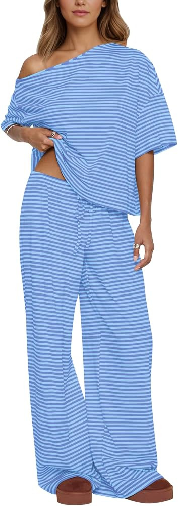 MISSACTIVER Women’s 2 Piece Striped Lounge Set Comfy Off Shoulder Shirts Drawstring Pants Match... | Amazon (US)