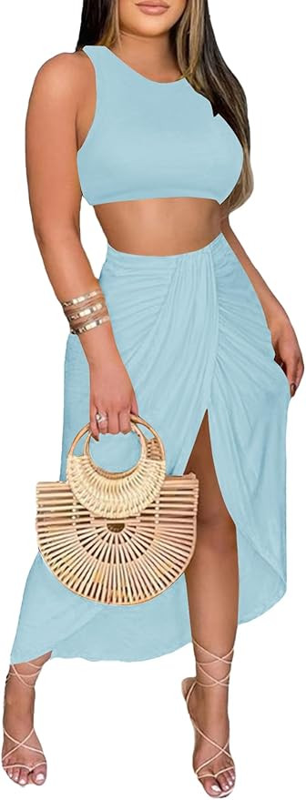 LYANER Women's 2 Piece Outfits Sleeveless Tank Crop Top and Wrap Split Slit Ruched Bodycon Midi S... | Amazon (US)