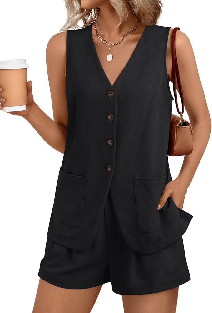 AUTOMET Summer Sets for Women Two Piece Vacation Outfits Short Set Button Down Business Casual Dr... | Amazon (US)