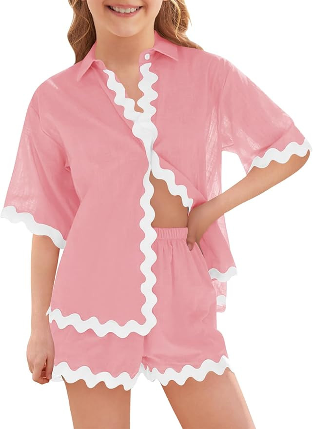 Haloumoning Girls' 2 Piece Clothing Sets Summer Short Sleeve Button Down T Shirt and Shorts Sweat... | Amazon (US)