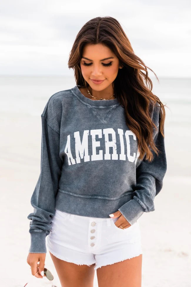 America Distressed Block Navy Cropped Corded Graphic Sweatshirt | The Pink Lily Boutique