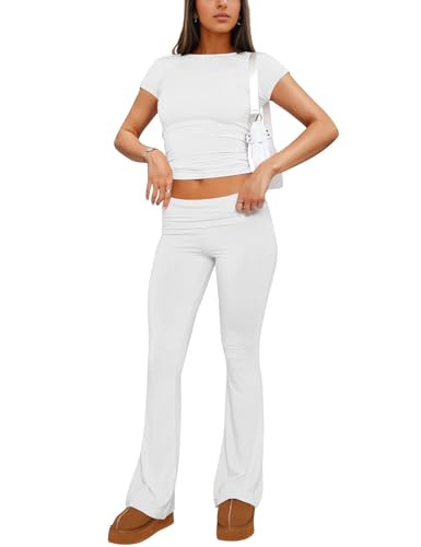 ZHENWEI Two Piece Sets For Women Going Out Short Sleeve Slim Crop Top Fold Over Leggings Pants Set Matching Tracksuit White M | Amazon (US)