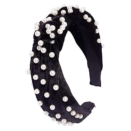 Somewhere Haute Velvet Top-knot Pearl Embellished Headband (Beige) | Amazon (US)