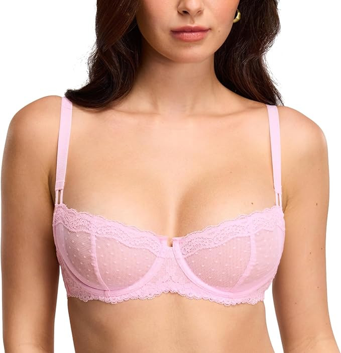 DOBREVA Women's Sexy Lace Bra Underwire Balconette Unlined Demi Sheer Plus Size | Amazon (US)