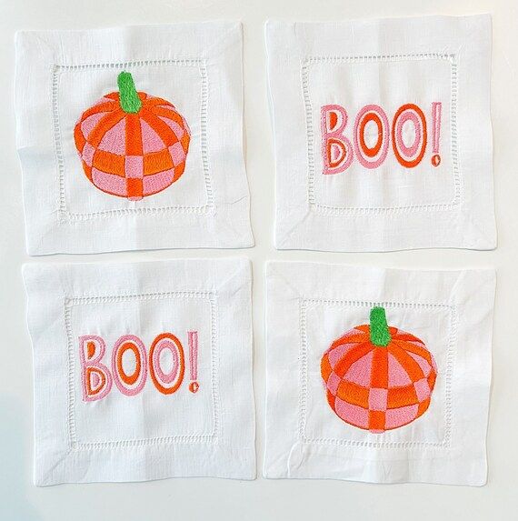 Combo Plaid pumpkin pink  and boo and orange Embroidered cocktail napkins hemstitched linen, 6x6.... | Etsy (US)