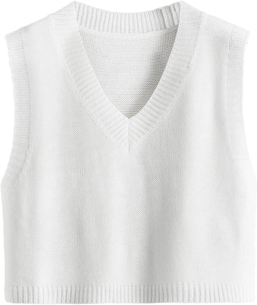 Romwe Women's Knit Sweater Vest Women Crop Y2K Sweater Vests V Neck Sleeveless JK Uniform Pullove... | Amazon (US)
