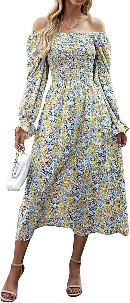 SYKT Women's Square Neck Dress Ruffle Long Sleeve Dress Boho Floral Print Flowy Dresses | Amazon (CA)