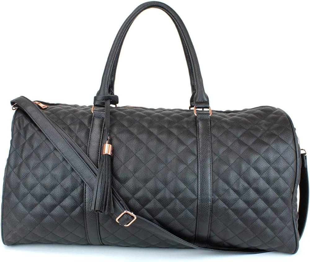 Women's Quilted Leather Weekender Travel Duffel Bag With Rose Gold Hardware - Large 22" Size Duff... | Amazon (US)
