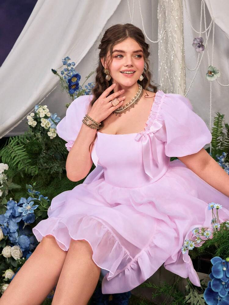 Faeriesty Princess Beauty Plus Square Neck Puff Sleeve A-Line Dress With Bow Accents & Ruffled Hem - Spring Summer Elegance For Garden Parties, Weddings, Casual Events, Evening Outings | SHEIN