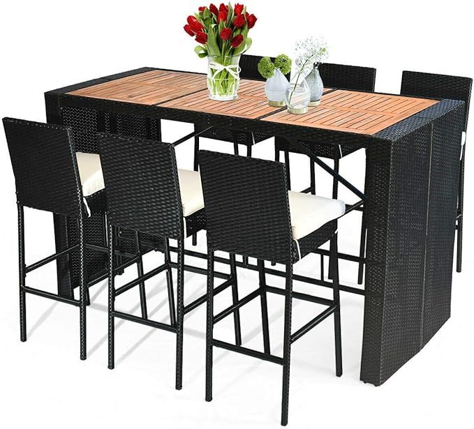 Tangkula 7 PCS Outdoor Dining Set, Patio Wicker Furniture Set with Acacia Wood Bar Table Top and ... | Amazon (US)