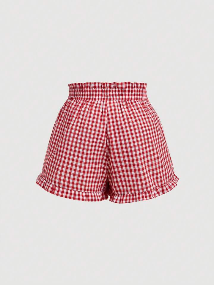 SHEIN MOD Plus Size Red & White Plaid Ruffled Trimmed Pleated Summer Shorts | SHEIN