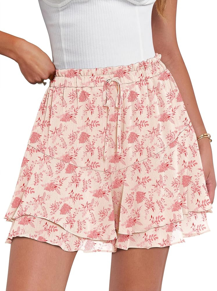 Caracilia Skorts for Women Boho Casual Beach Mini Skirts Summer Floral Ruffle Chiffon Flowy Short... | Amazon (US)