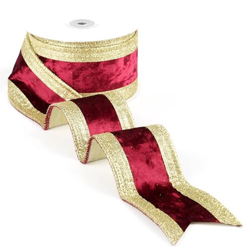 LIZLOVESS Burgundy and Champagne Gold Velvet Wired Ribbon 2.5" X 10 Yards Burgundy Velvet with Champagne Gold Glitter Border Stripe Christmas Ribbon for Tree, Wreath Supplies, Garlands Making | Amazon (US)