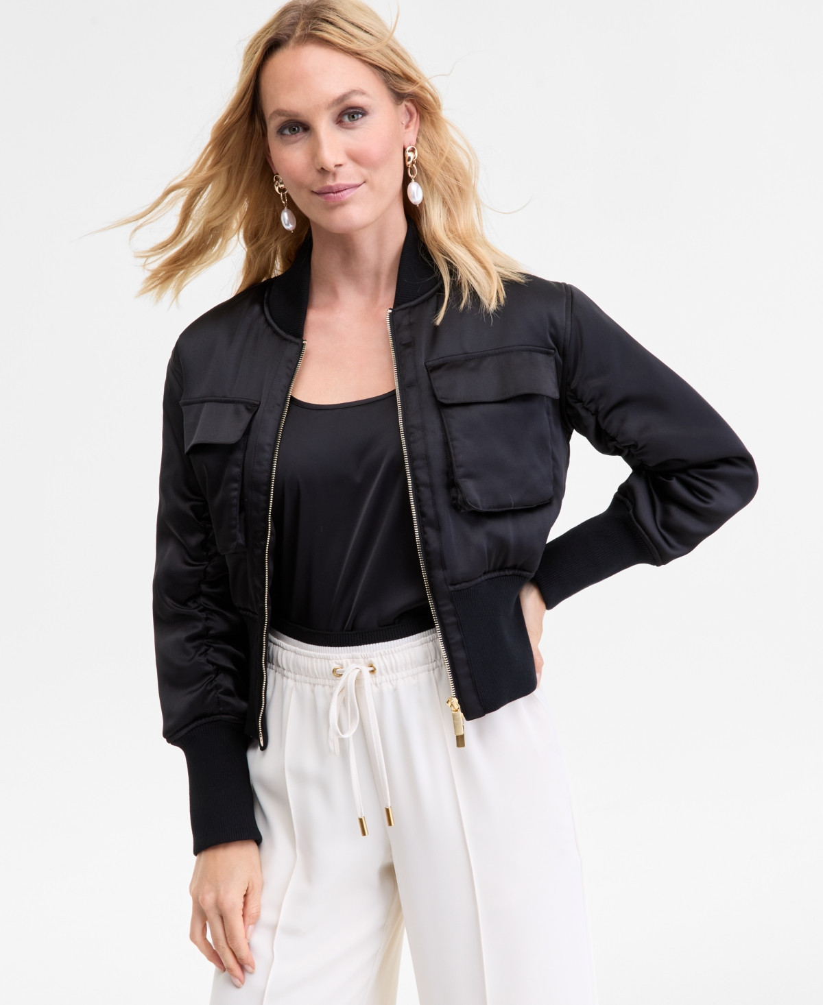 I.n.c. International Concepts Women's Satin Shrunken Bomber Jacket, Macy's Exclusive - Deep Black | Macy's