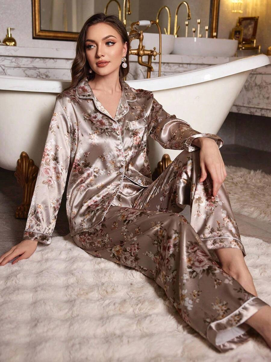 LuxeNights Floral Print Faux Silk Notch Collar Long Sleeve Top & Pants Pajama Set, Cozy And Elega... | SHEIN