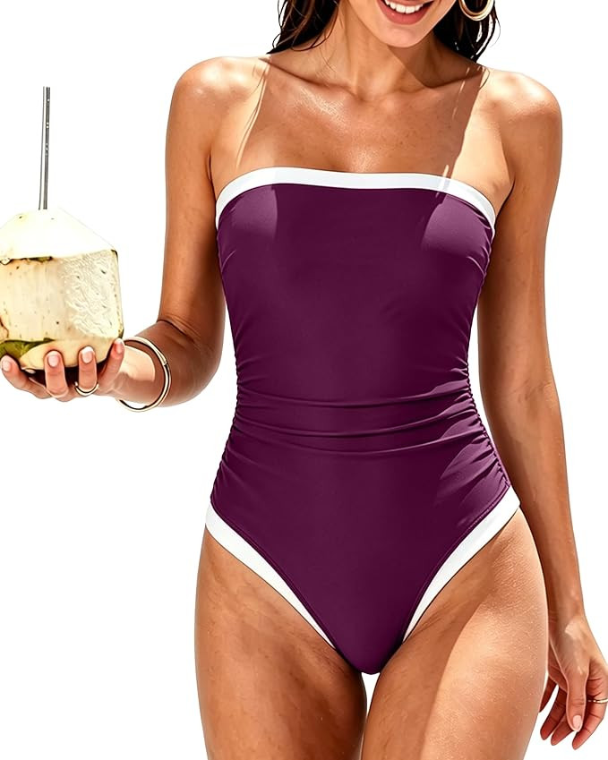 SUUKSESS Women One Piece Tummy Control Swimsuit Strapless Bandeau Bathing Suit | Amazon (US)