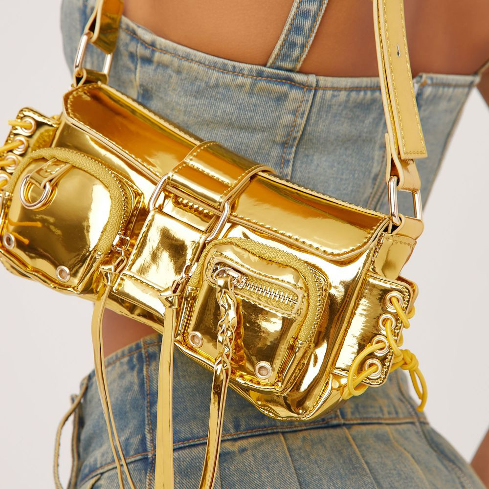 Lake Multi Pocket Zip Detail Shoulder Bag In Gold Patent | EGO (UK)
