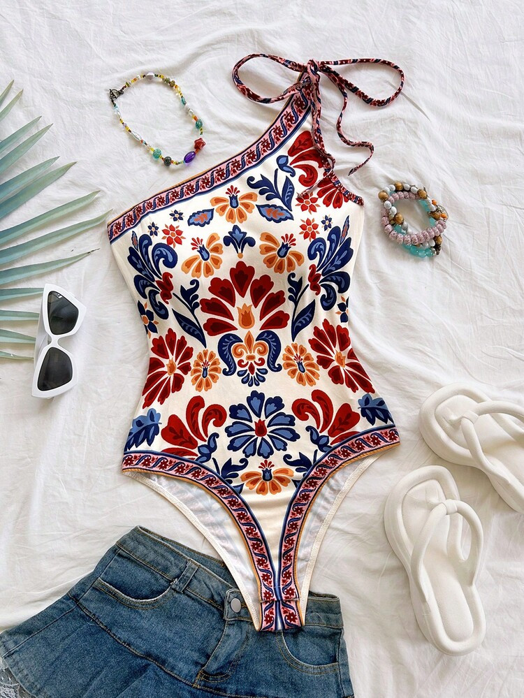 Soleia Winter And Summer New Vacation Knit Printed Asymmetrical Shoulder Bow-Tie Bodysuit For Women Christmas New Year Clothes Party For Women Beach Elegant Bodysuit For Women Formal Graphic Floral | SHEIN