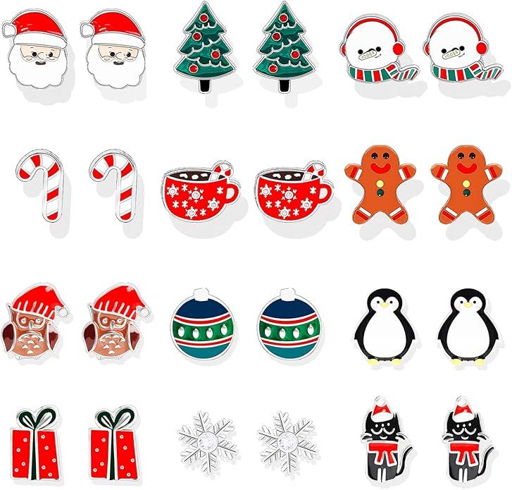 9-21 Pairs Christmas Stud Earrings Set Christmas Earrings for Women Christmas Tree Snowflake Cand... | Amazon (US)