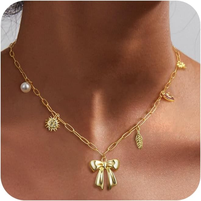 Moodear Gold Charm Necklace for Women Trendy Dainty 14K Gold Charm Pendant Thin Paperclip Chain N... | Amazon (US)